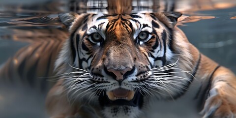 Wall Mural - Closeup of a tiger swimming underwater with mouth open using technology. Concept Animal Behavior, Wildlife Photography, Marine Biology, Digital Imaging, Underwater Photography