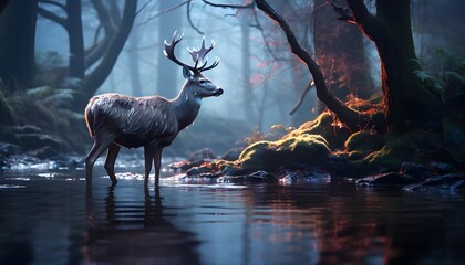 Wall Mural - Deer in the forest at sunrise. Panoramic view.