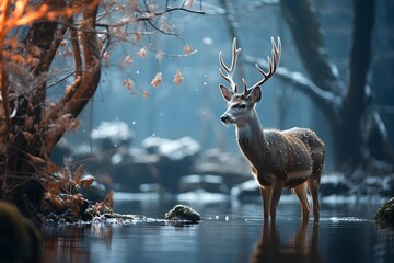 Wall Mural - Whitetail Deer Buck in Winter Forest. Wildlife scene from nature.