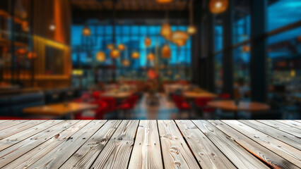Wall Mural - An inviting wooden table at forefront, with blurred backdrop of modern restaurant at night. space on table for food-related advertisements or displays, enhanced by restaurant's sophisticated evening.