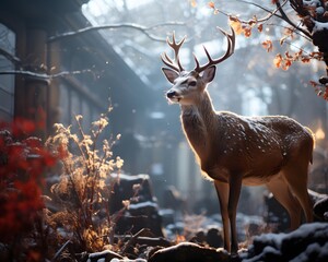 Wall Mural - deer in the forest on a frosty winter day. panorama