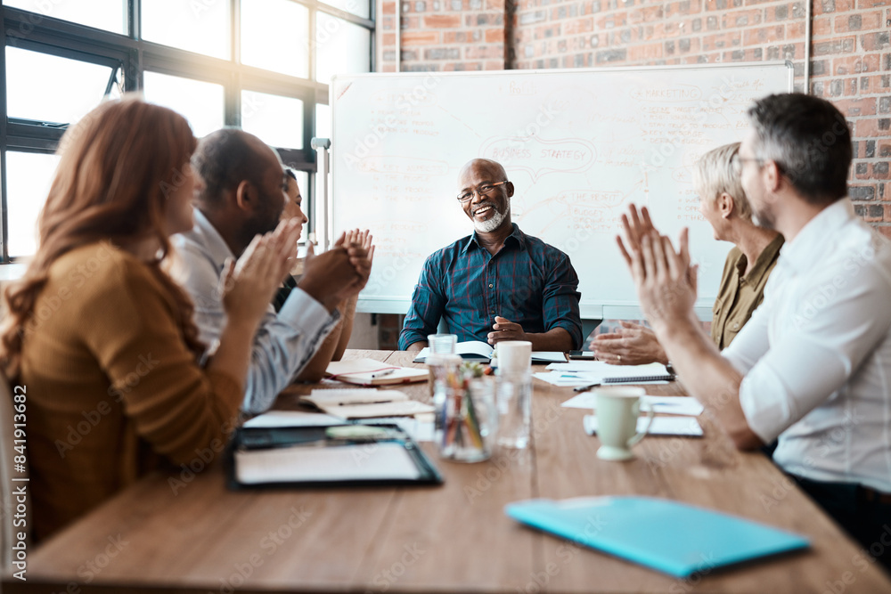 Foto de Stock Portrait, business people and clapping hands in office