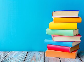 The stack of colorful books on the wooden table against blue wall background