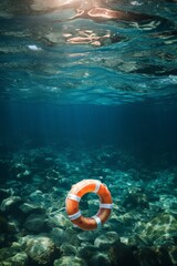 Wall Mural - A red life preserver is floating in the water. The water is clear and calm