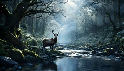 Wall Mural - Deer in the forest, panoramic view. 3D rendering
