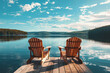 © Yuliya - Two wooden Adirondack chairs on a dock facing a beautiful blue lake with a mountainous background, Leisure and travel concept, Generative AI