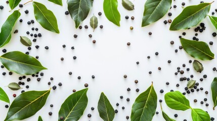black pepper and bay leaves on a white background, copy space, place for text, spices, recipes, cooking school