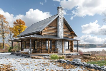 Wall Mural -  A rustic log cabin with a stone chimney