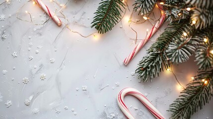 Christmas candies with winter decoration, top view background