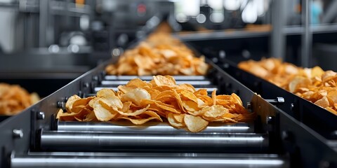 Wall Mural - Optimizing the conveyor system for packaging potato chips in a snack production line. Concept Conveyor System, Packaging Efficiency, Potato Chips, Snack Production, Optimizing Operations