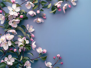 Wall Mural - Stylish beautiful floral border with copy space. Close-up of white flowers against blue background. Greeting card for mother's day, Valentine's day.