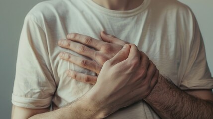 A closeup of a 32 year old man's hands, crossed over his heart, the man is wearing a light t-shirt, in the style of Suprematism Surrealism 