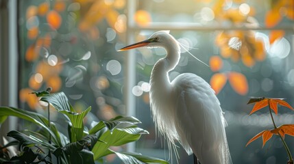 An illustration of an animal, a white heron, that has a yellow beak, two long legs, and two beautiful white wings, standing beside a plant pot during a fireworks celebration at night.