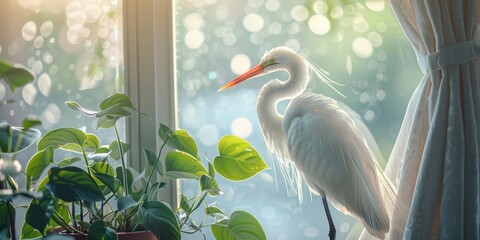 Wall Mural - An illustration of an animal, a white heron, that has a yellow beak, two long legs, and two beautiful white wings, standing beside a plant pot during a fireworks celebration at night.