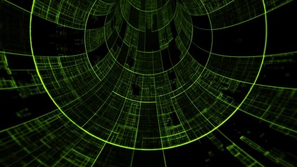 Seamless loop background with digital space tunnel made of morphing HUD elements with glow effect. Science, programming, data stream, modern technology and web connection screensaver. Looped 4k 60fps