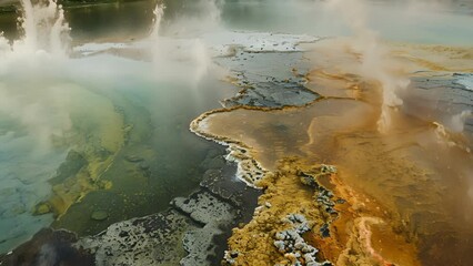 Canvas Print - A landscape of bubbling colorful geothermal pools used to harness energy.