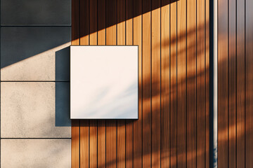 Square white blank billboard on a wooden facade of a building with concrete details, outdoor sunny lighting. Commercial mockup banner concept.  Generative AI