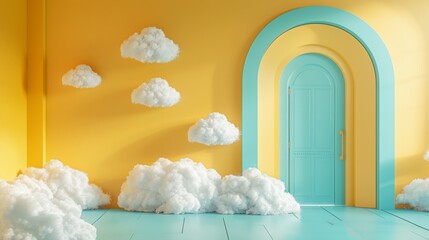Aufkleber - Surreal Minimalist Composition with Fluffy Clouds in a Bright Yellow Room and Blue Arched Doorway