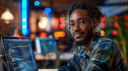 Smiling software developer programming on laptop in modern office with colorful lights in background during night.
