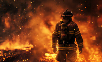 Wall Mural - A firefighter in full gear standing amidst intense flames and smoke.