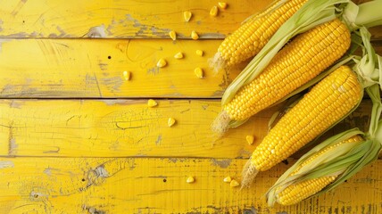 Fresh corn cobs on a solid yellow rustic wooden background, creating a vibrant and rustic feel.