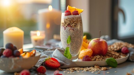 Wall Mural - A glass of healthy chia seed smoothie with fresh fruits, granola, and candles creating a cozy ambiance.