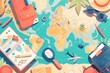 © AshrofS - Flat lay travel-themed illustration featuring a world map, travel accessories, and planning essentials set against a vibrant background.