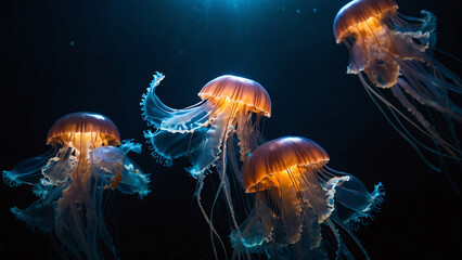 Wall Mural - glowing sea jellyfishes on dark background, glowing sea jellyfishes in clean blue water, jelly fish, water, blue water, ai generated