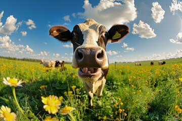 A lively outdoor illustration of a cow showing its face is standing in the bright morning sunlight at a cattle farm that has lots of exuberant plants and grasses.