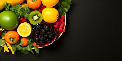 Wall Mural - Flat lay of colorful fruits and vegetables with containers on color background. Concept Flat Lay Photography, Colorful Fruits, Colorful Vegetables, Food Styling, Colorful Background