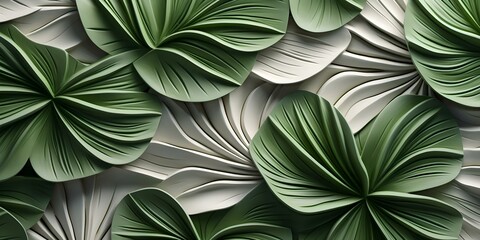 Wall Mural - Geometric floral tropical leaf pattern on white and green 3D wall tiles. Concept Home Decor, Wall Tiles, Geometric Patterns, Floral Design, Tropical Leaves