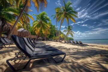 Wall Mural - A tropical beach with palm trees and lounge chairs, perfect for vacation photography Generative AI