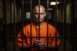 © Stavros - Middle aged Caucasian prisoner in orange uniform holds hands on metal bars, looking at camera. Criminal serves term of imprisonment in prison cell. Inmate stands behind bars in jail or detention
