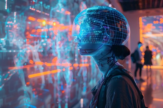 A holographic projection of an AI assistant guiding a person through a virtual environment, with the text AI Redefining our interaction with technology