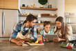 © Lyndon/peopleimages.com - Food, nutrition and diet with people, tablet and ingredients for salad recipe on kitchen counter for dinner. Family, healthy and meal prep with with avocado, pepper and pasta for clean eating in home
