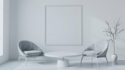 Interior with white walls with wooden chairs and mockup blank picture frames.