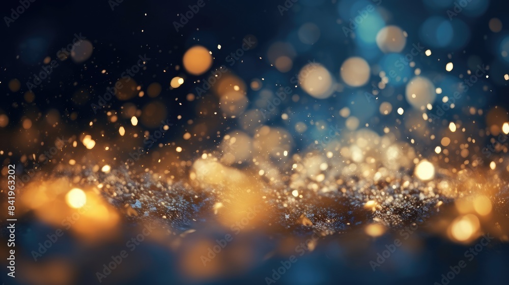 Close up of golden glitter on a textured blue surface. A blue and gold ...
