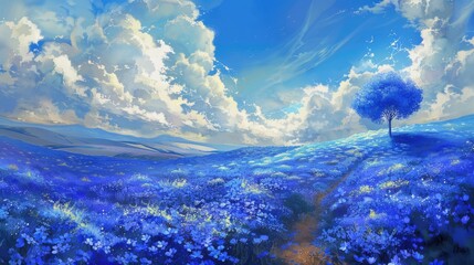Wall Mural - Blue flower field
