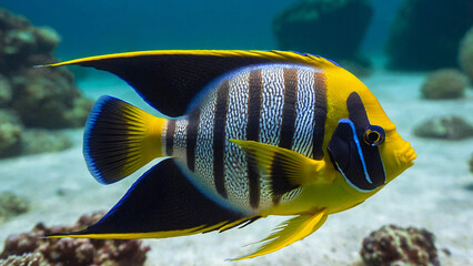 Wall Mural - Colourful Angel Fish Swimming In Natural Habitat Hunting For Food Underwater Photography Style 300 PPI High Resolution Image