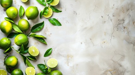 Poster - Fresh ripe limes and green leaves on light table from above with room for text