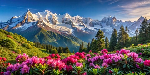 The sun bathes the snow-capped peaks of Mont Blanc in a warm glow, as vibrant pink rhododendrons carpet the spring meadows below