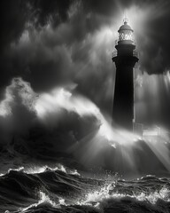 Canvas Print - A lighthouse shining its light in the dark, surrounded by stormy waves. 