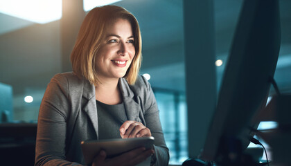 Sticker - Happy woman, tablet and night with computer for deadline, project or tasks on agenda at office desk. Female person or web designer working late with smile on technology for innovation at workplace