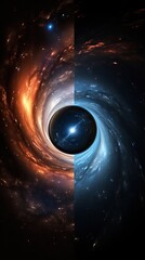 View of the universe warped by gravity. The second photo visually represents the universe warped by gravity near a blackhole, creating a visually striking scene