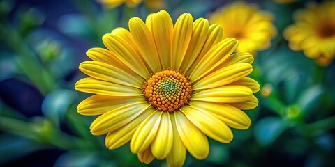 Wall Mural - A vibrant, yellow daisy bloom fills the frame, showcasing delicate petals and a bright yellow center, daisy, flower, bloom, close up, macro, nature, yellow, white, petals, center, floral