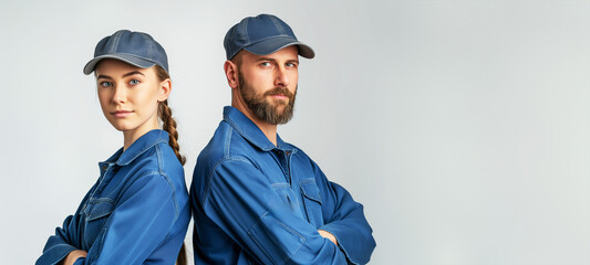 Wall Mural - Two people wearing blue shirts and hats are standing next to each other. man and woman Plumber team standing near to each other back to back isolated on white background