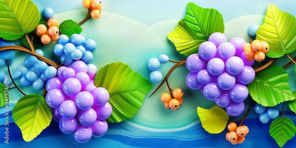 Purple and blue grapes with leaves on a gradient background. Artistic ...