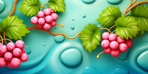 Wall Mural - Pink grapes with green leaves on a blue abstract background. Artistic pink grapes and green leaves with vibrant backdrop.