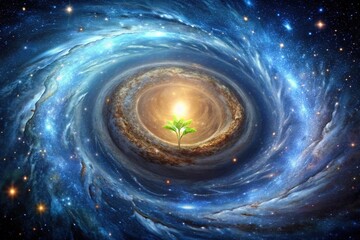 Wall Mural - A swirling vortex of stars and gas, reminiscent of a cosmic whirlpool, forms the backdrop for a single, bright, sprouted seed, symbolizing the potential for life in the vast universe