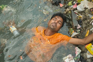 Canvas Print - a man floating in a river in india, a man is seen in the water